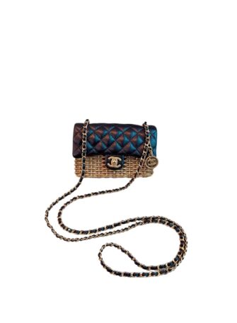 23C BLACK/GOLD WOVEN METAL LAMBSKIN SMALL FLAP EVENING BAG