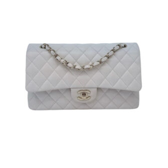 WHITE SHINY CAVIAR LEATHER MEDIUM CLASSIC DOUBLE FLAP BAG