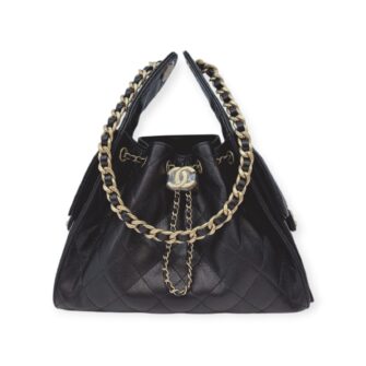 BLACK GRAINED CALFSKIN LEATHER CHANEL 25 SMALL HANDBAG