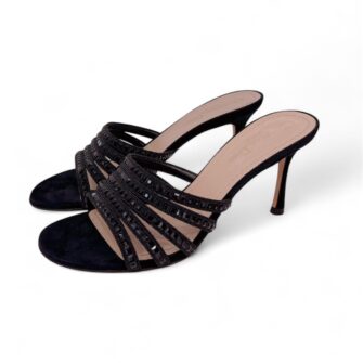 BLACK SUEDE CRYTAL EMBELLISHED SLIDE SANDALS 38.5